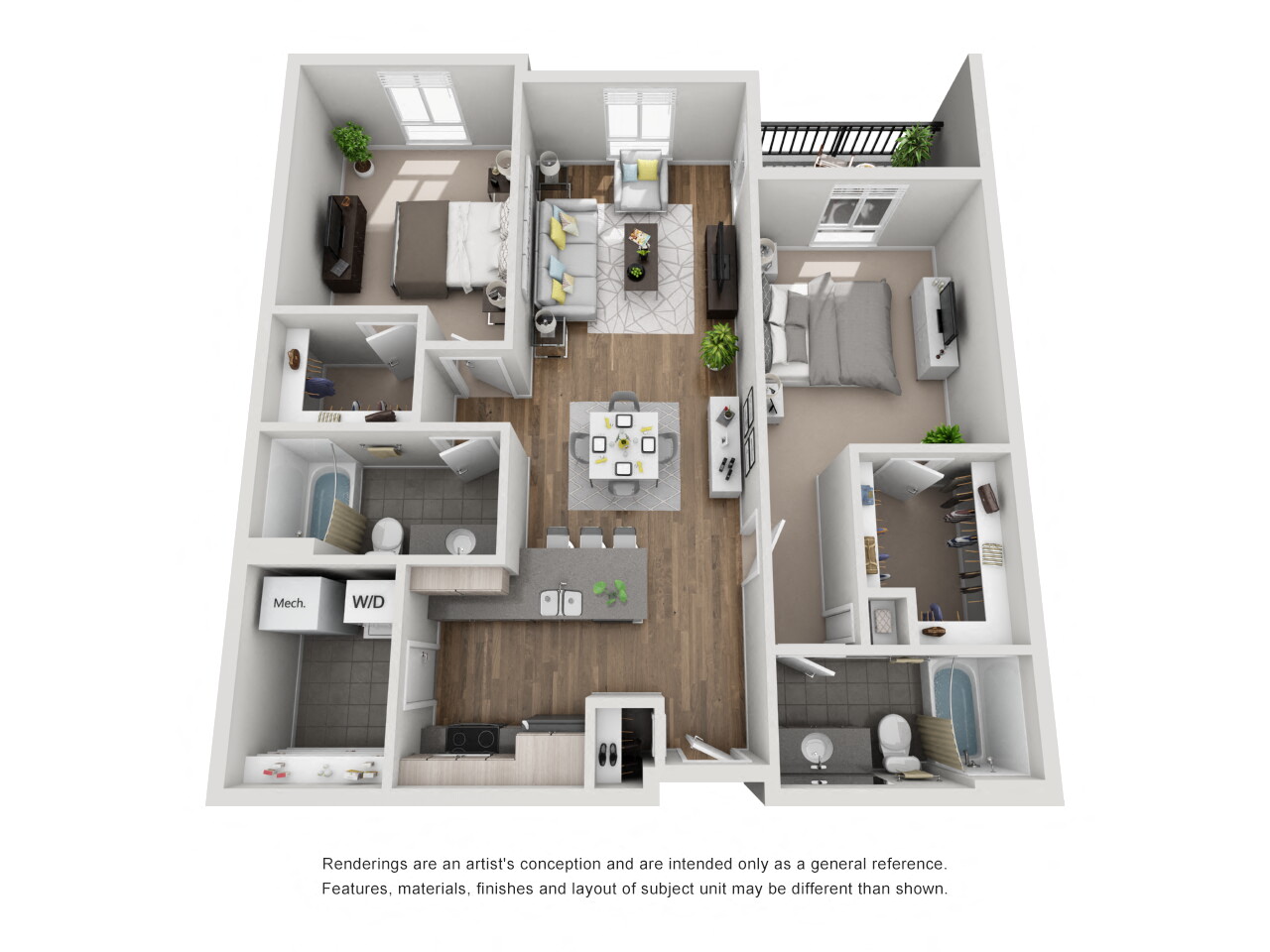 Floor plan for 2 beds, 2 baths, 1121 sqft